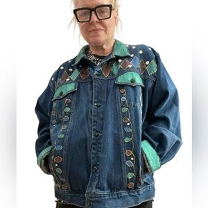 Vintage American Hero bedazzled Embellished Denim hand painted oversized Jacket